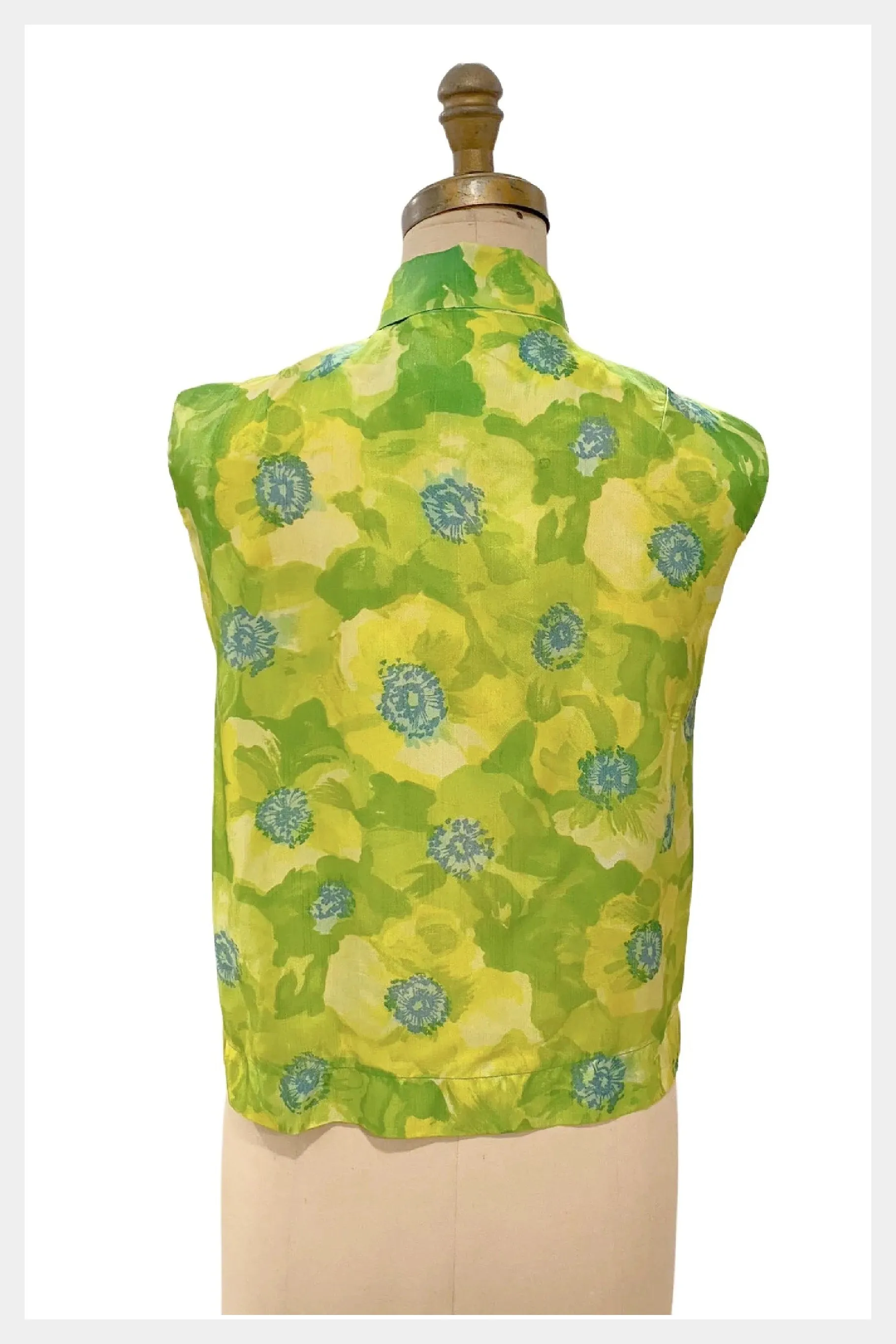 1960s green and blue floral blouse with pussy bow | small