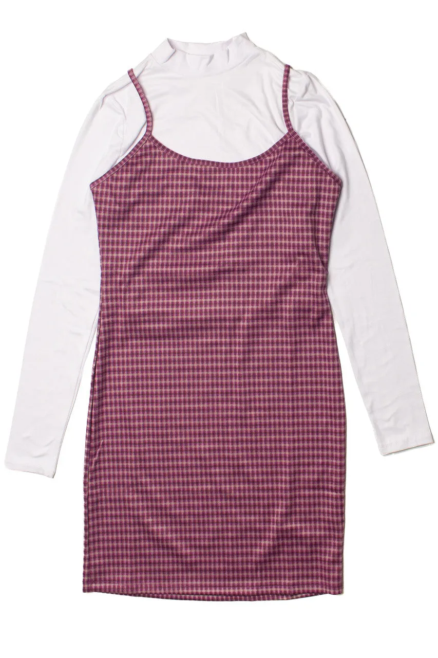 2 Piece Plaid Mini Dress With Long Sleeve Tee