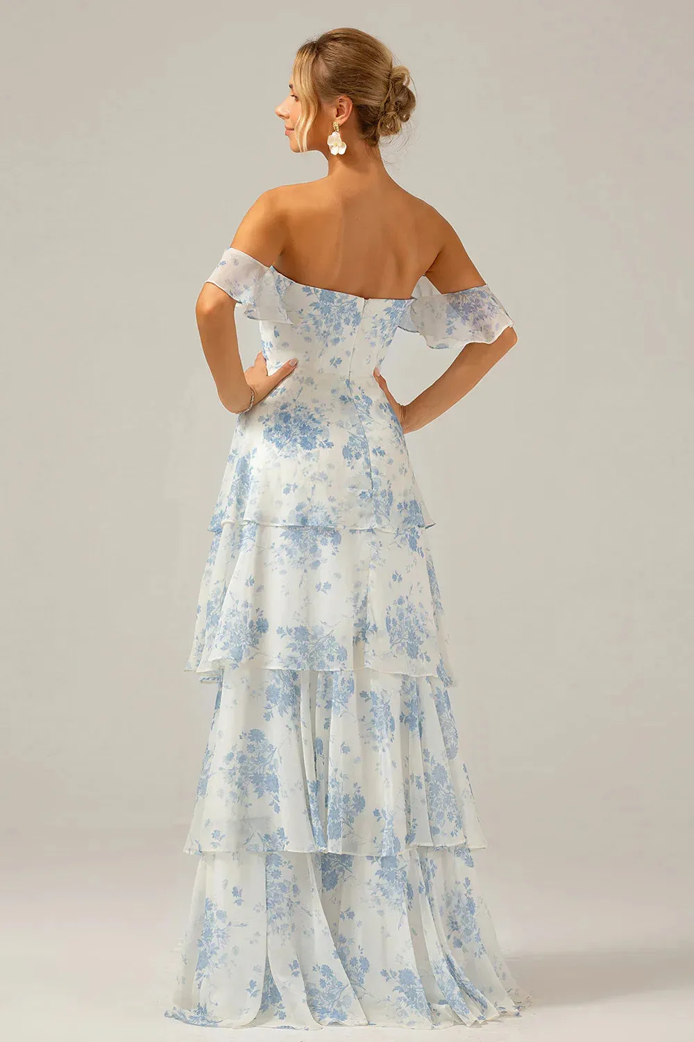 A-Line Prom Dresses Spaghetti Straps Backless Print Maxi Dress White Blue Flower