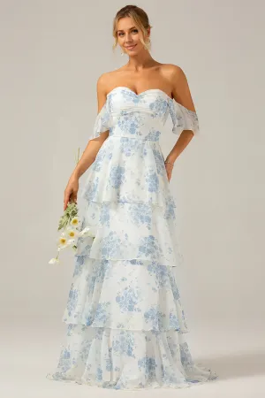 A-Line Prom Dresses Spaghetti Straps Backless Print Maxi Dress White Blue Flower