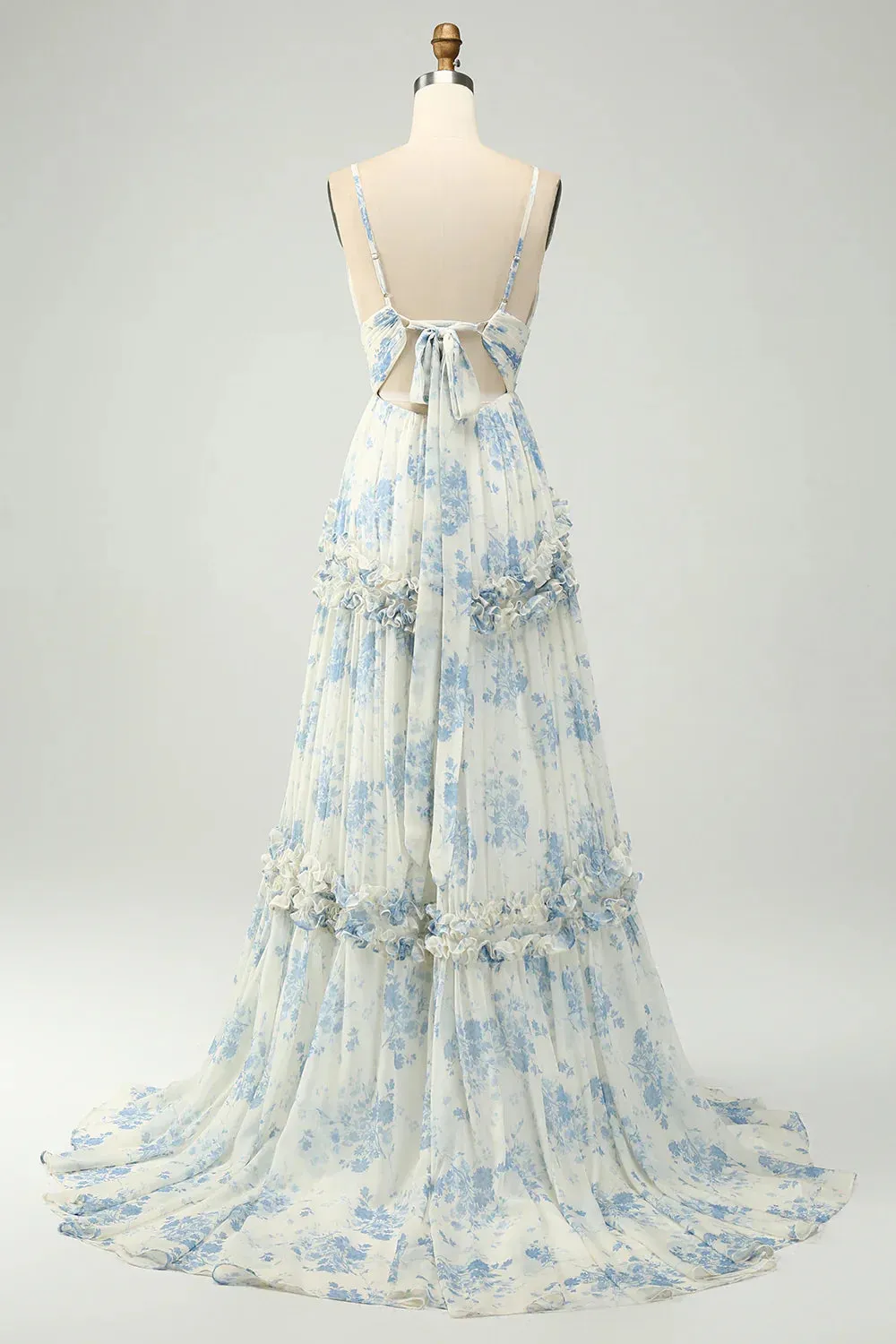 A-Line Prom Dresses Spaghetti Straps Pleated White Blue Flower Maxi Dress