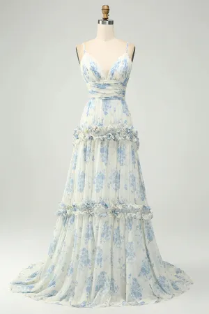 A-Line Prom Dresses Spaghetti Straps Pleated White Blue Flower Maxi Dress