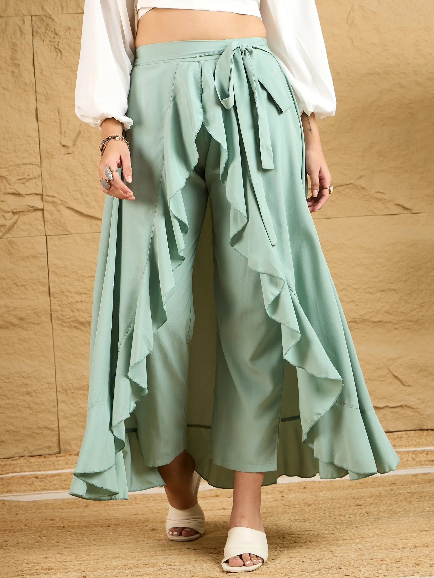 Berrylush Women Solid Light Green Waist Tie-Up Ruffled Maxi Skirt With Attached Trousers