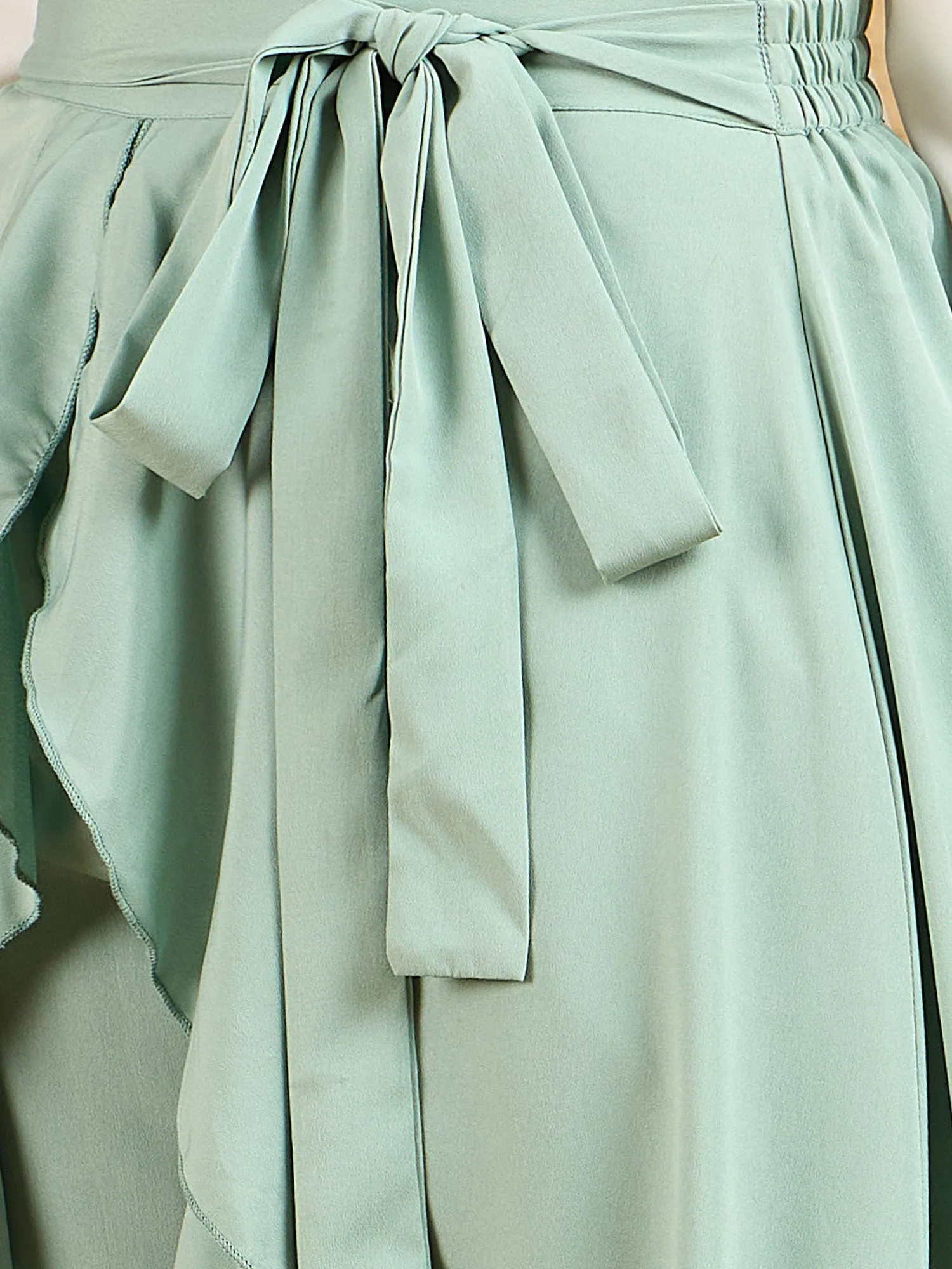 Berrylush Women Solid Light Green Waist Tie-Up Ruffled Maxi Skirt With Attached Trousers