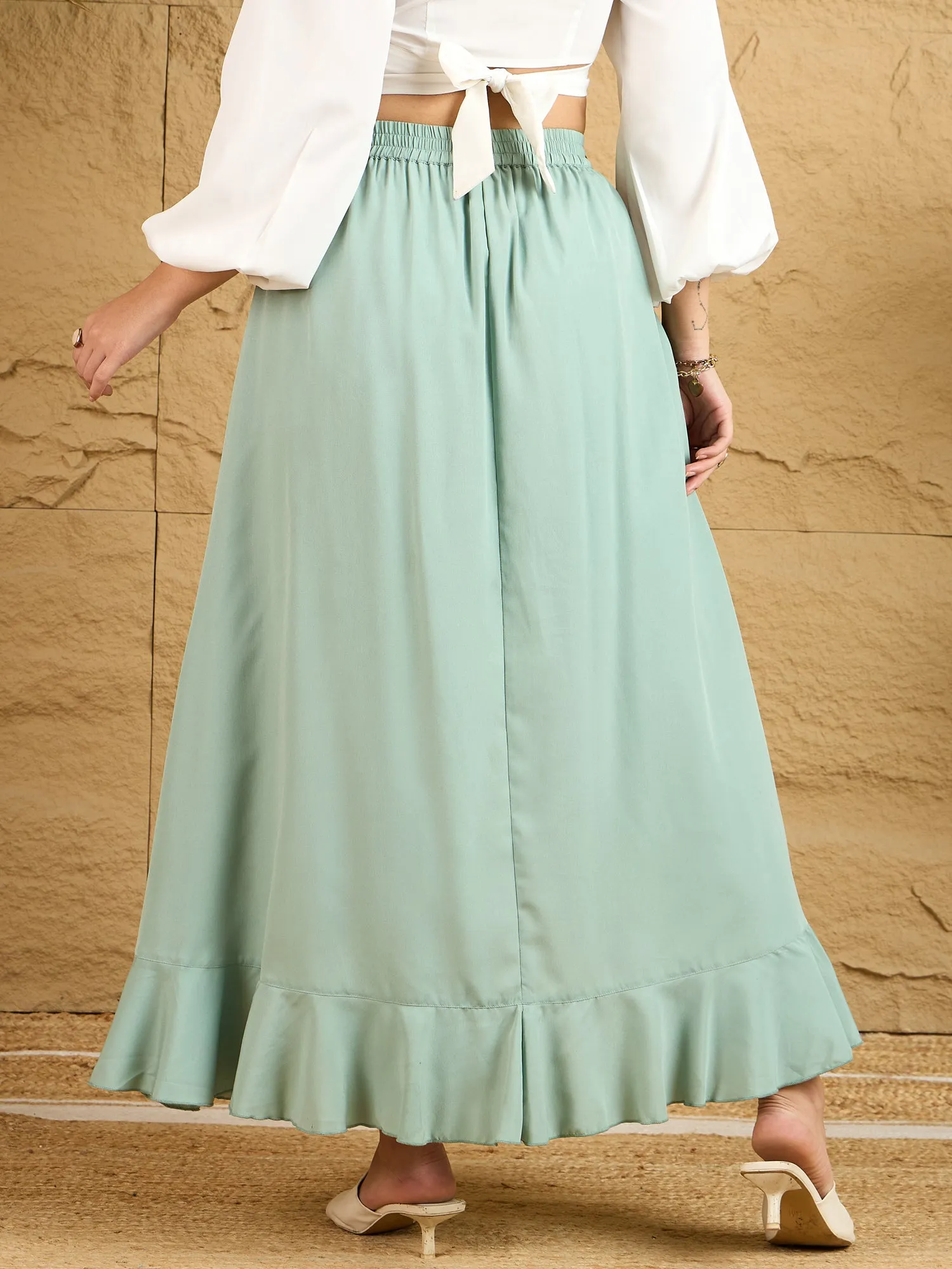 Berrylush Women Solid Light Green Waist Tie-Up Ruffled Maxi Skirt With Attached Trousers