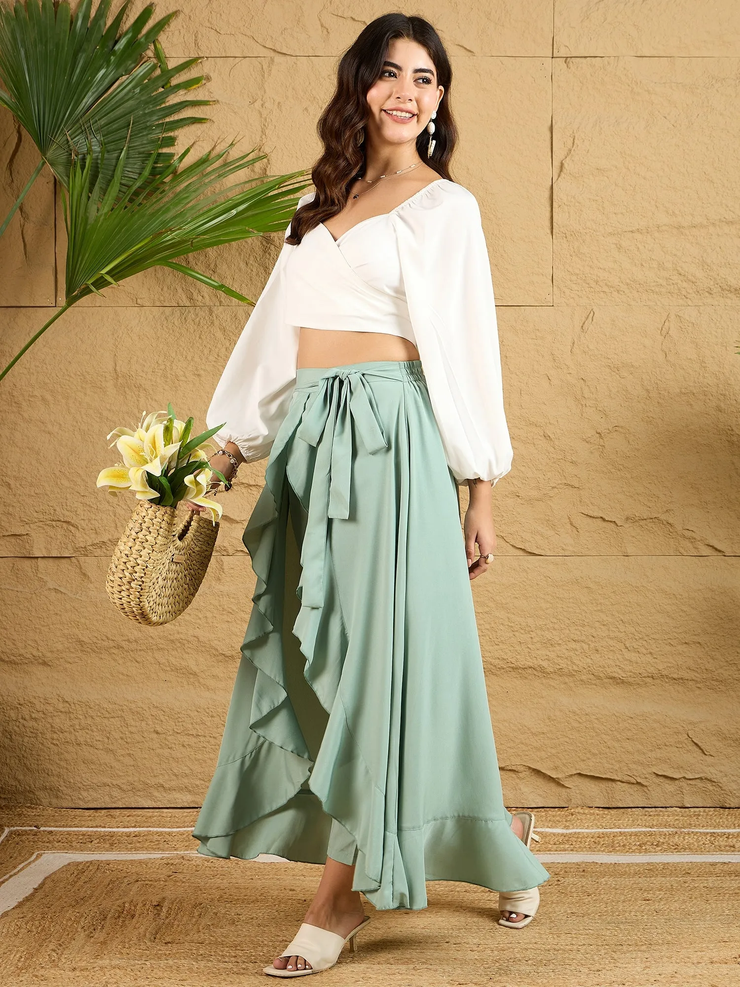 Berrylush Women Solid Light Green Waist Tie-Up Ruffled Maxi Skirt With Attached Trousers