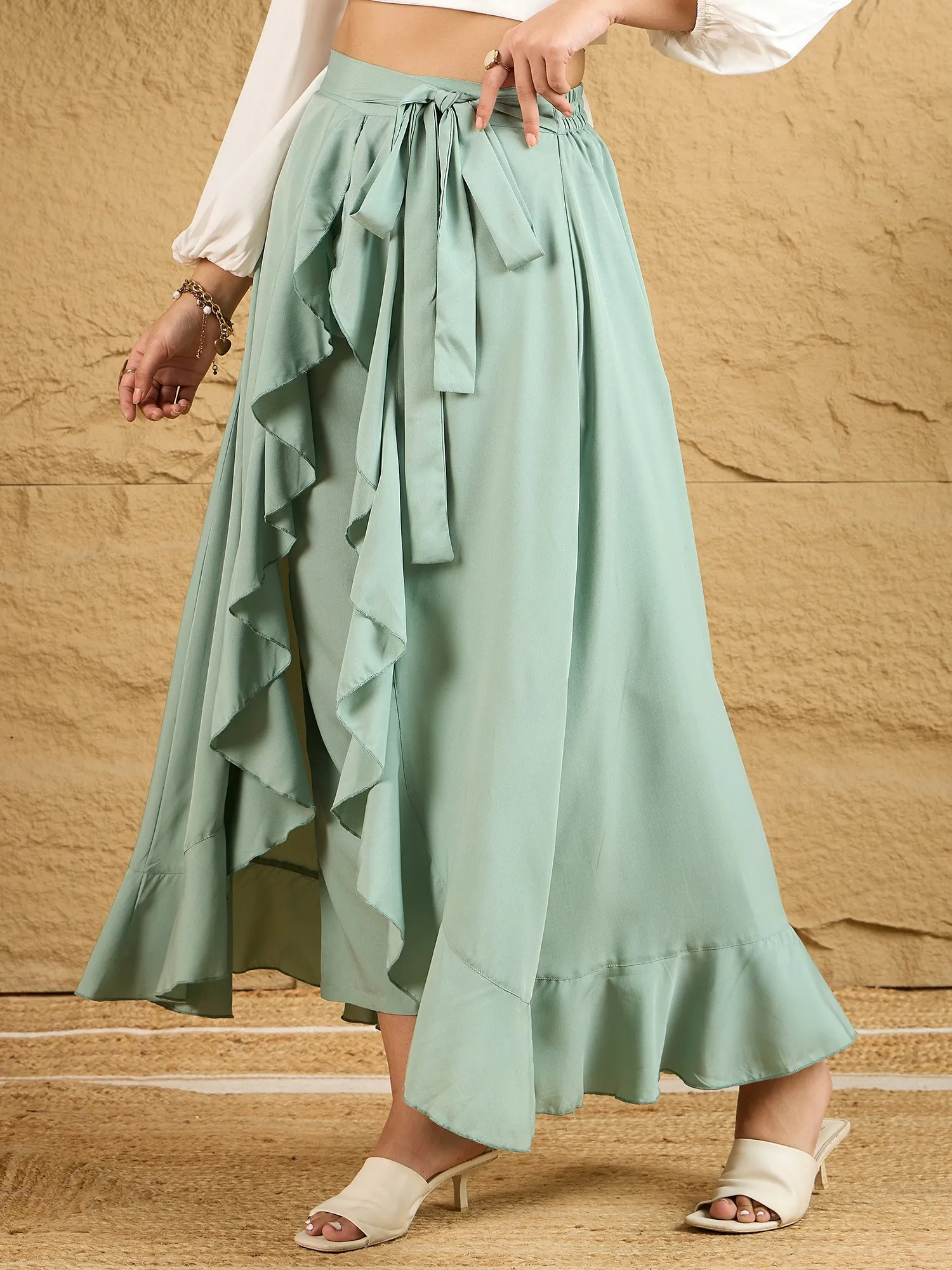 Berrylush Women Solid Light Green Waist Tie-Up Ruffled Maxi Skirt With Attached Trousers