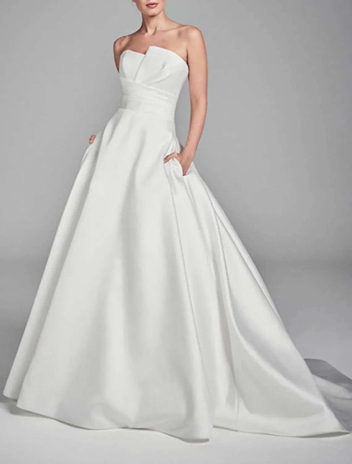 Engagement Casual Wedding Dresses A-Line Sweetheart Strapless Sweep / Brush Train Satin Bridal Gowns With Ruched