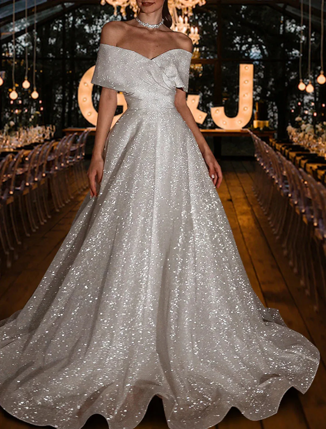 Hall Sparkle & Shine Casual Wedding Dresses A-Line Off Shoulder Cap Sleeve Sweep / Brush Train Sequined Bridal Gowns With Solid Color 2023 Summer Wedding Party