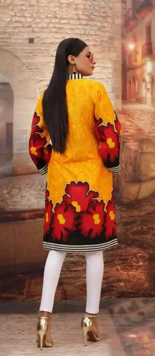 Printed Pakistani Khadi Kurtis for Women Ready to Wear Orange