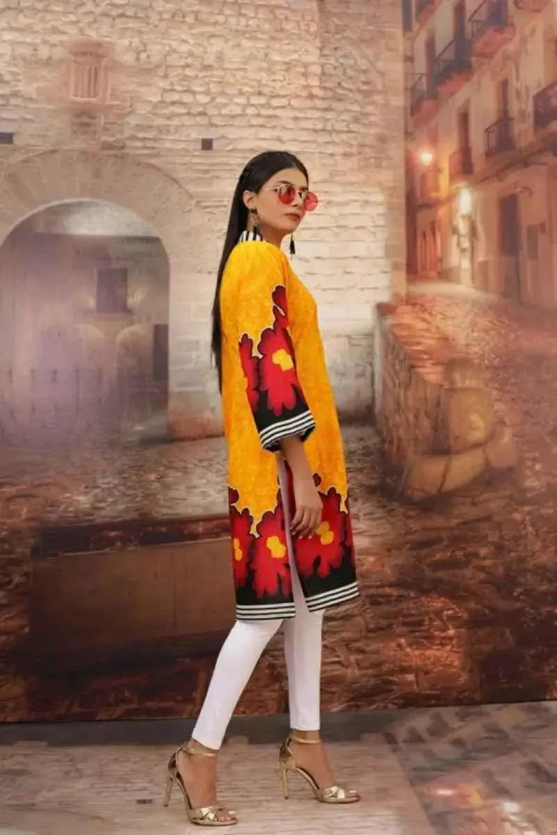Printed Pakistani Khadi Kurtis for Women Ready to Wear Orange