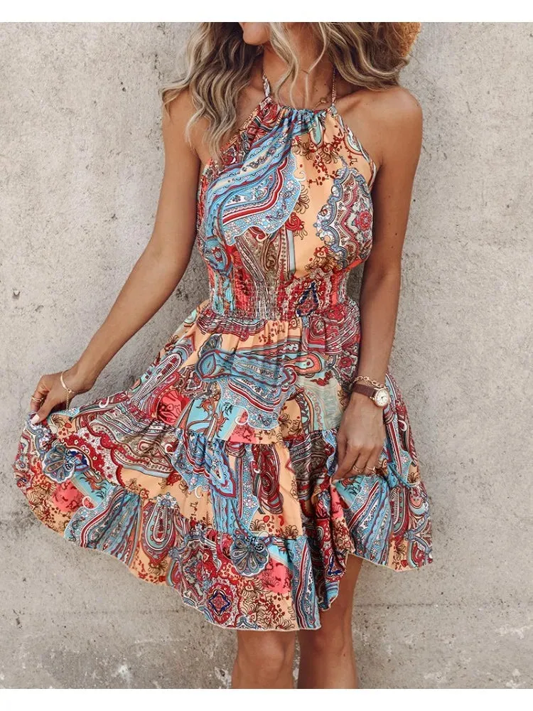 UAKISS  -  Summer Dresses Womens Fashion 2024 Sleeveless Bohemian Beach Tribal Print Halter Backless Ruffle Vintage A-Line Mini Dress