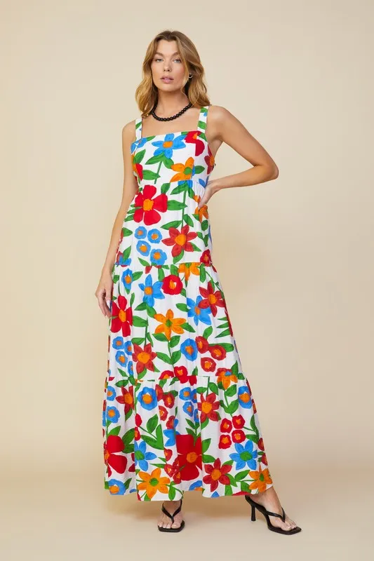 White-Red Sleeveless Floral Print Tiered Maxi Dress