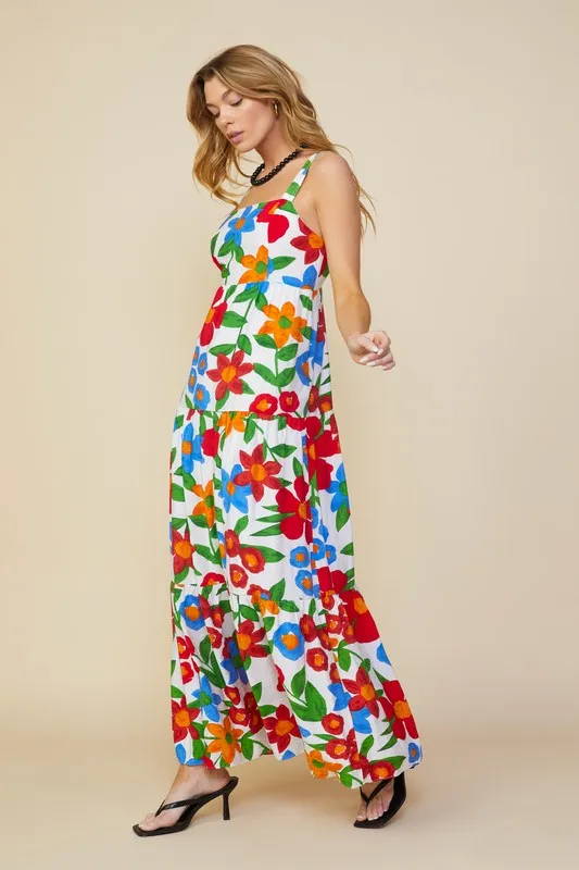 White-Red Sleeveless Floral Print Tiered Maxi Dress